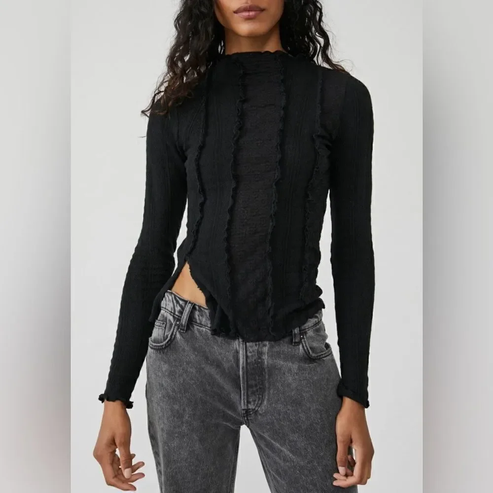 NWT FREE PEOPLE Sz S LULA PIECED SEAMED TOP IN BLACK